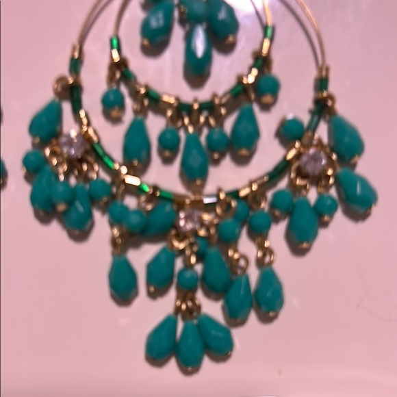 Gold & Teal Bohemian Chandelier Earrings W/ Scattered Rhinestones. 4 Inches Long - Picture 2 of 3